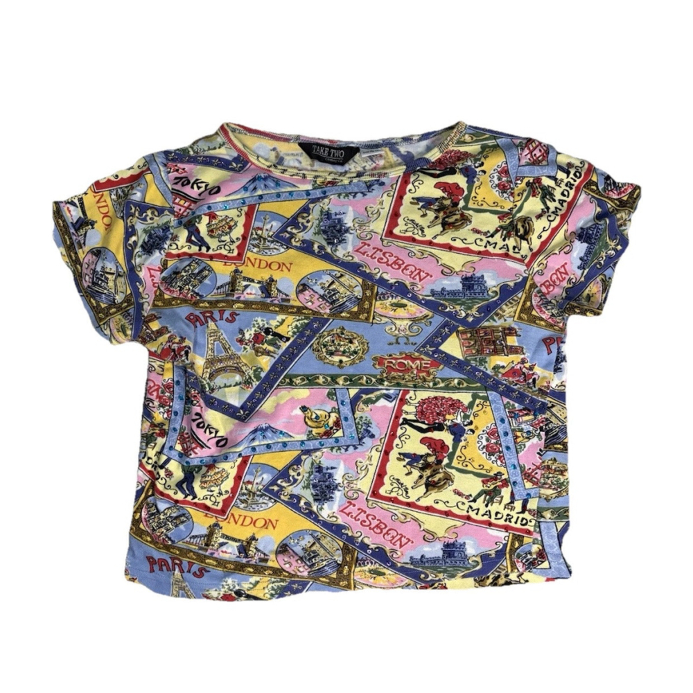 Vintage-Style Multicolor Beaded and Printed Short Sleeve Tee